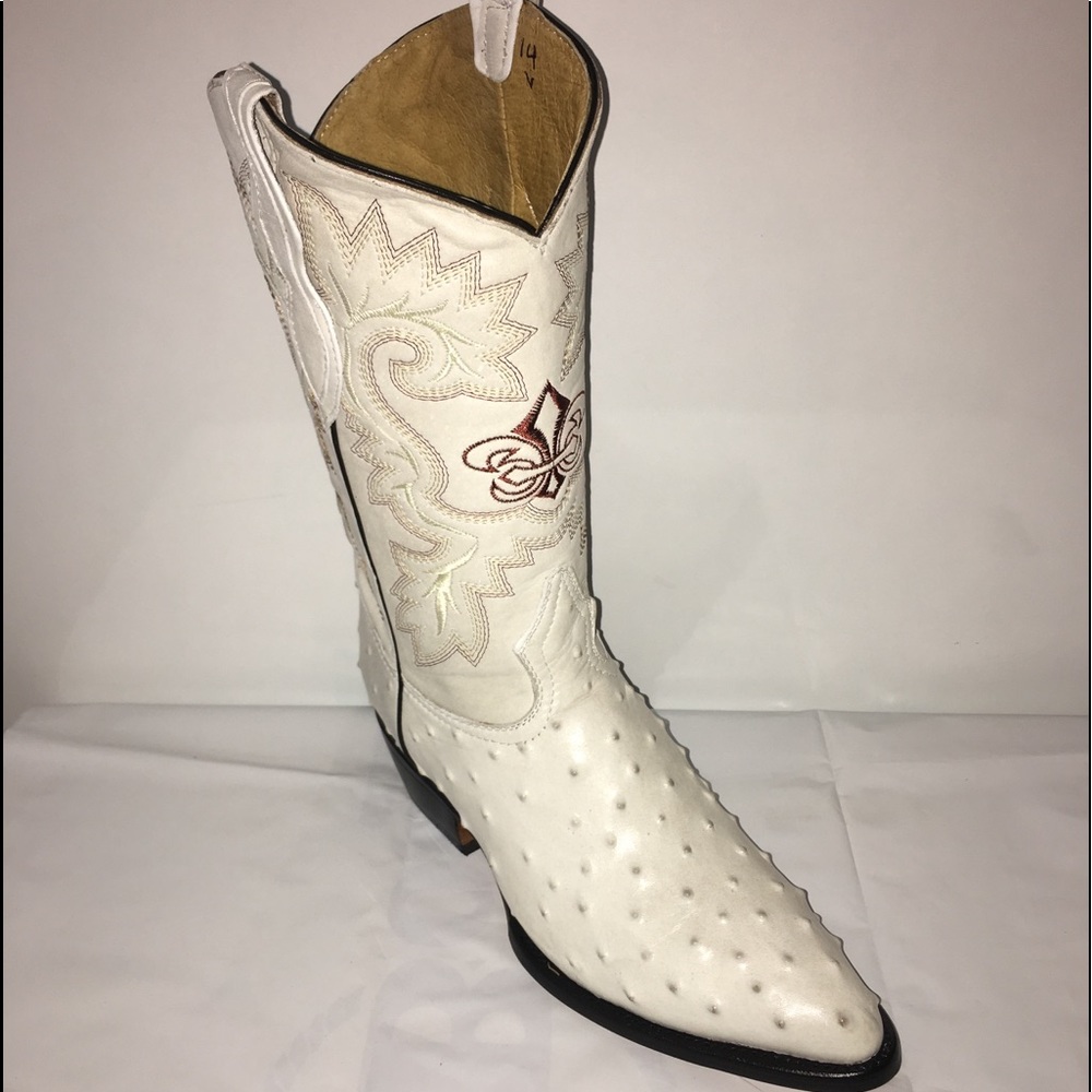 Mens Western Cowboy Boots Ostrich Print Leather Bone Color Bota Vaquera Avestruz